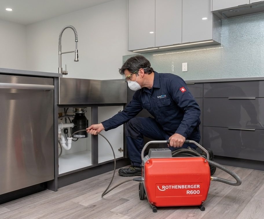 HydroFlow technician clearing a blocked kitchen drain